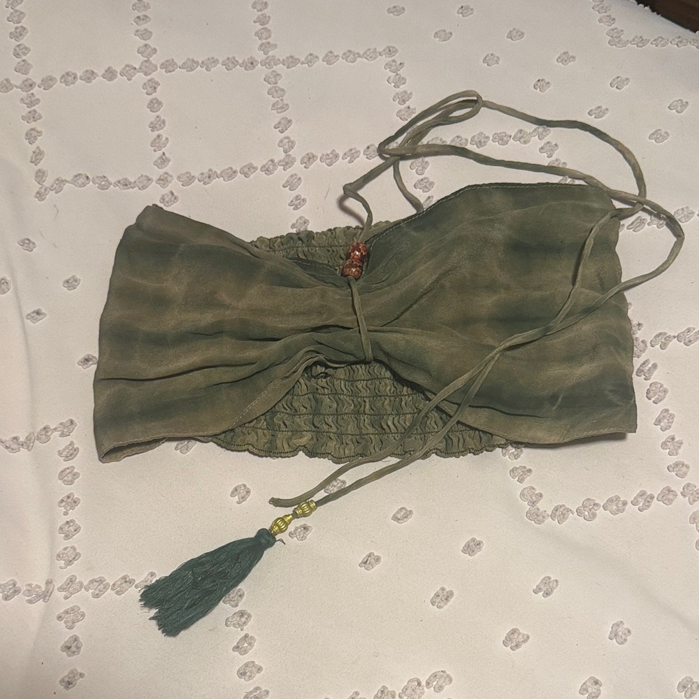 Army Forest Sage Tan Pink Green Beaded Strapless Silk Top with Tassels - Picture 3 of 6